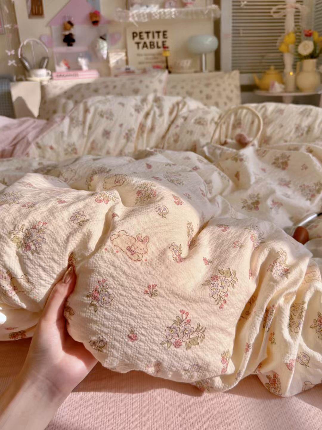 91家纺网 家纺一手货源 找家纺 铺尚美家纺 2026新款小清新110g高品质直播热卖款A类泡芙棉双层纱四件套 花与兔