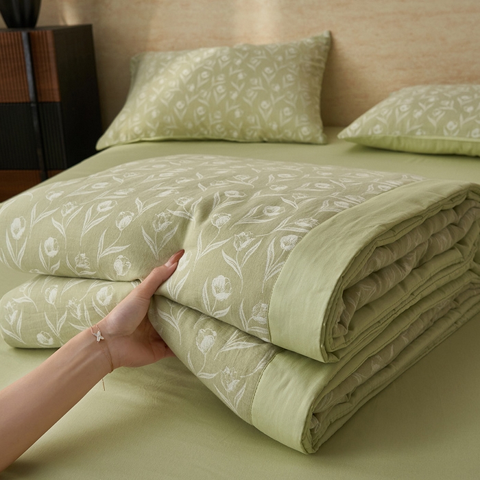91家纺网 家纺一手货源 找家纺 简如 2026新款全棉60提花里外纯棉棉花夏凉被四件套 月光集-绿