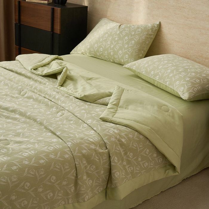 91家纺网 家纺一手货源 找家纺 简如 2026新款全棉60提花里外纯棉棉花夏凉被四件套 月光集-绿