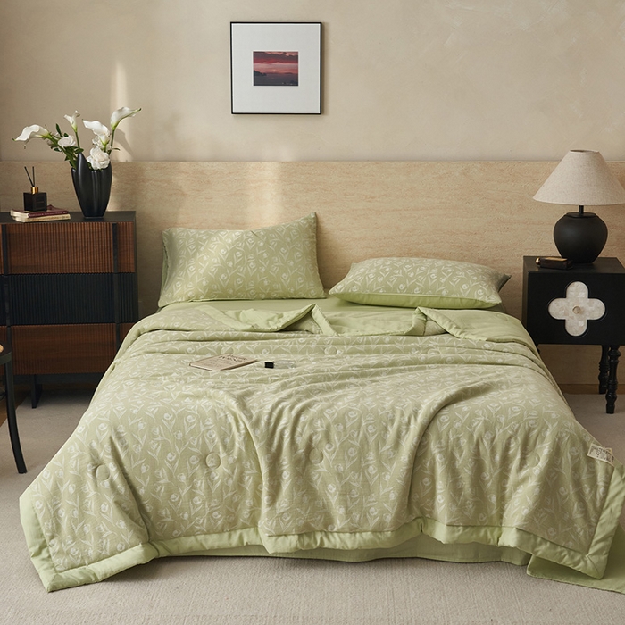 91家纺网 家纺一手货源 找家纺 简如 2026新款全棉60提花里外纯棉棉花夏凉被四件套 月光集-绿