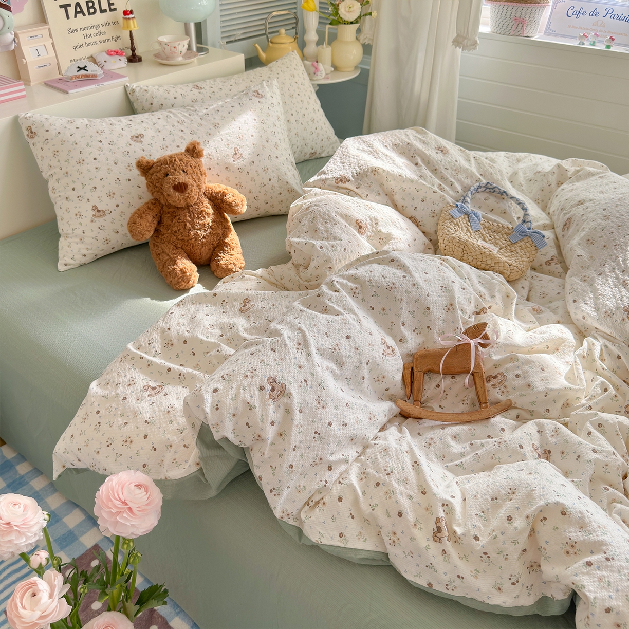 91家纺网 家纺一手货源 找家纺 铺尚美家纺 2026新款小清新110g高品质直播热卖款A类泡芙棉双层纱四件套 欢快的小马驹