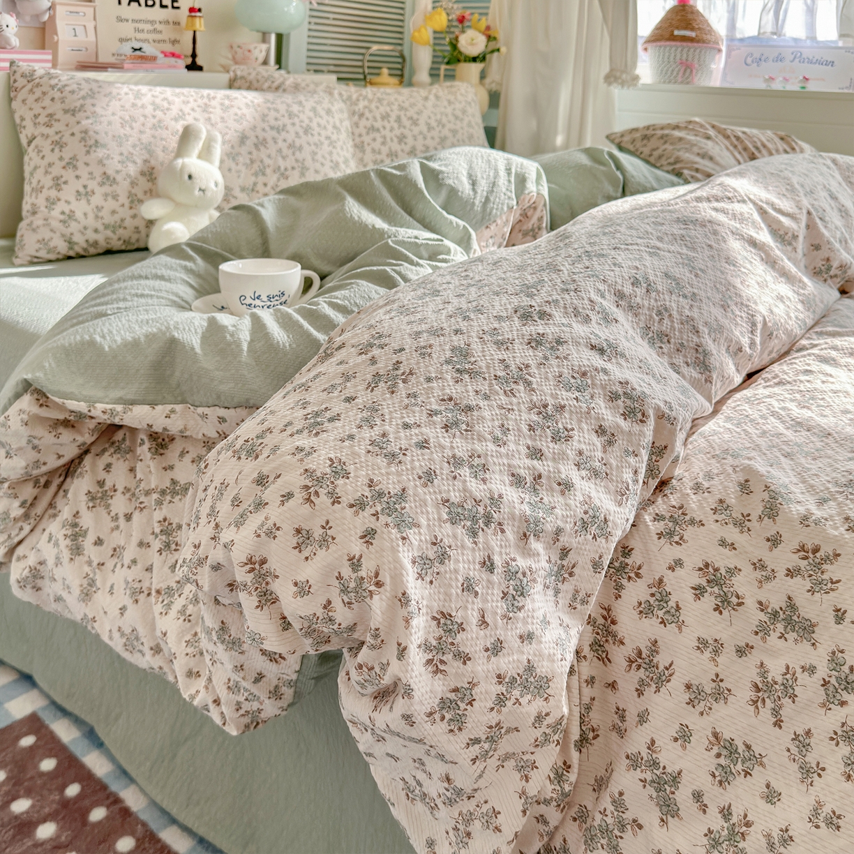 铺尚美家纺 2026新款小清新110g高品质直播热卖款A类泡芙棉双层纱四件套 简夏