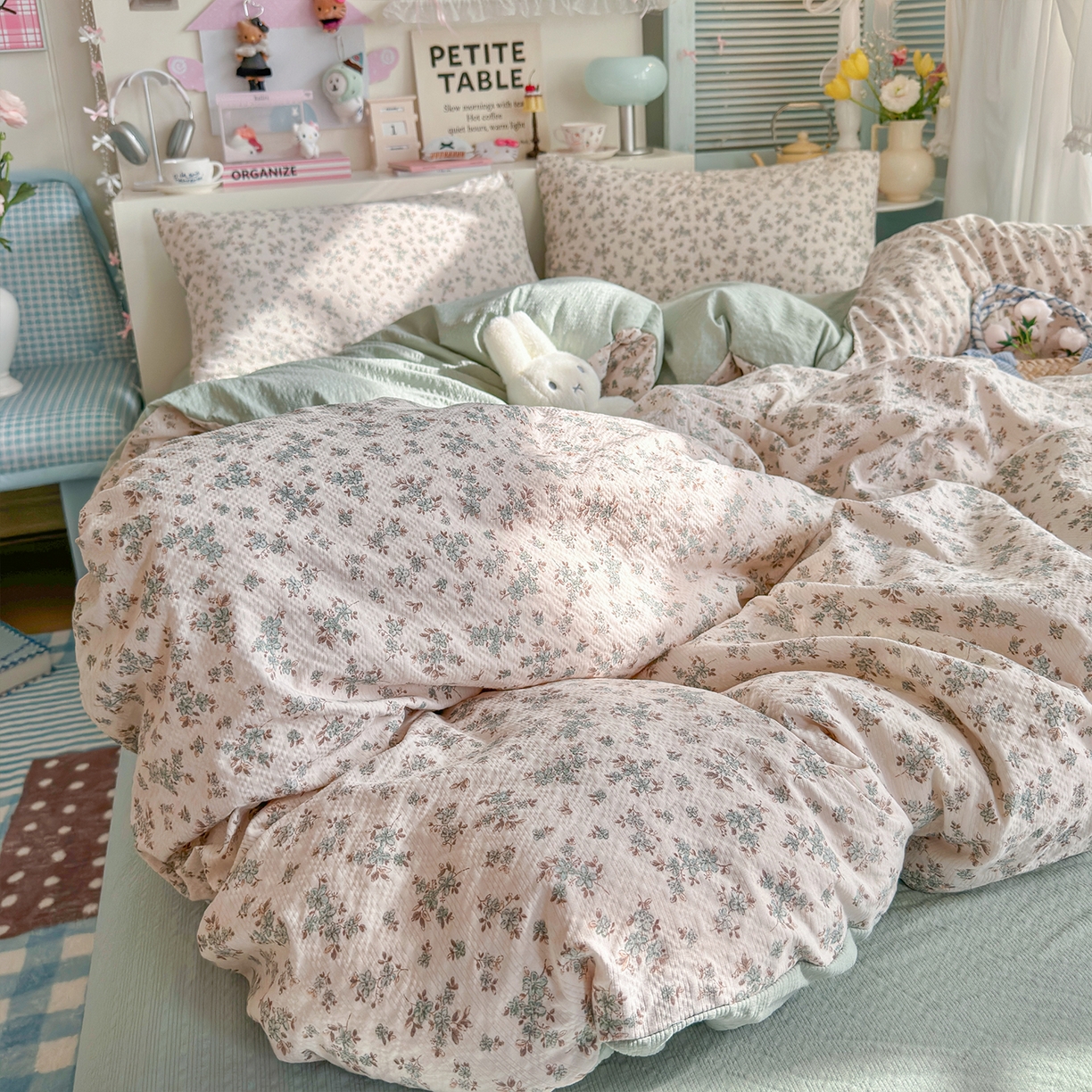 91家纺网 家纺一手货源 找家纺 铺尚美家纺 2026新款小清新110g高品质直播热卖款A类泡芙棉双层纱四件套 简夏