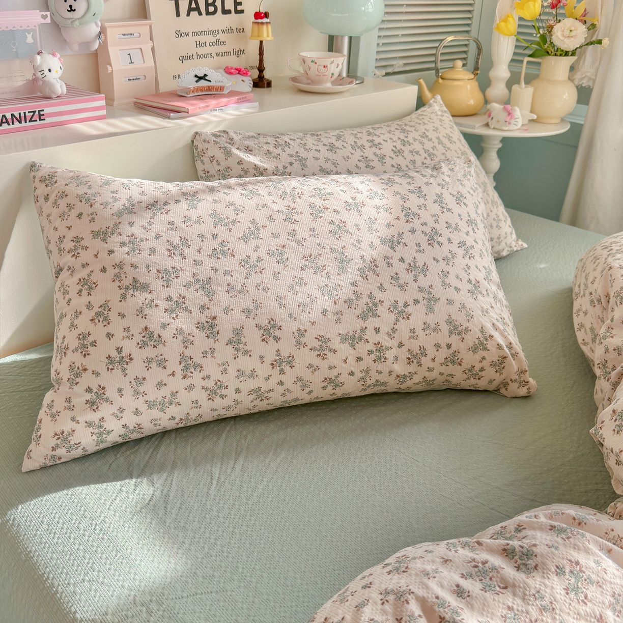 91家纺网 家纺一手货源 找家纺 铺尚美家纺 2026新款小清新110g高品质直播热卖款A类泡芙棉双层纱四件套 简夏