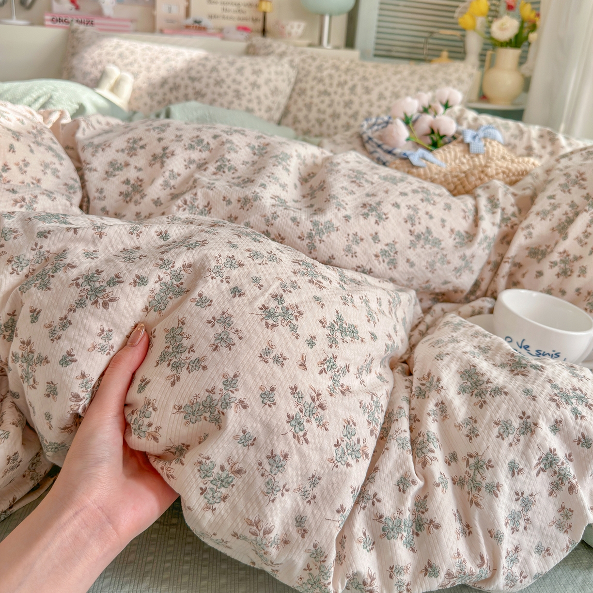 91家纺网 家纺一手货源 找家纺 铺尚美家纺 2026新款小清新110g高品质直播热卖款A类泡芙棉双层纱四件套 简夏