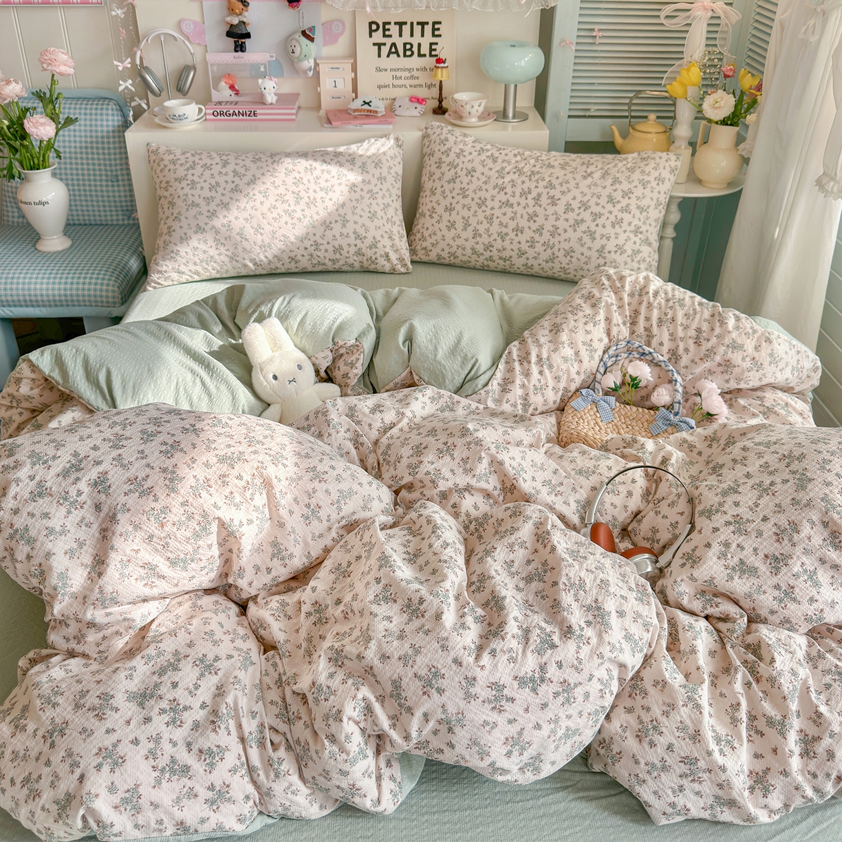 91家纺网 家纺一手货源 找家纺 铺尚美家纺 2026新款小清新110g高品质直播热卖款A类泡芙棉双层纱四件套 简夏