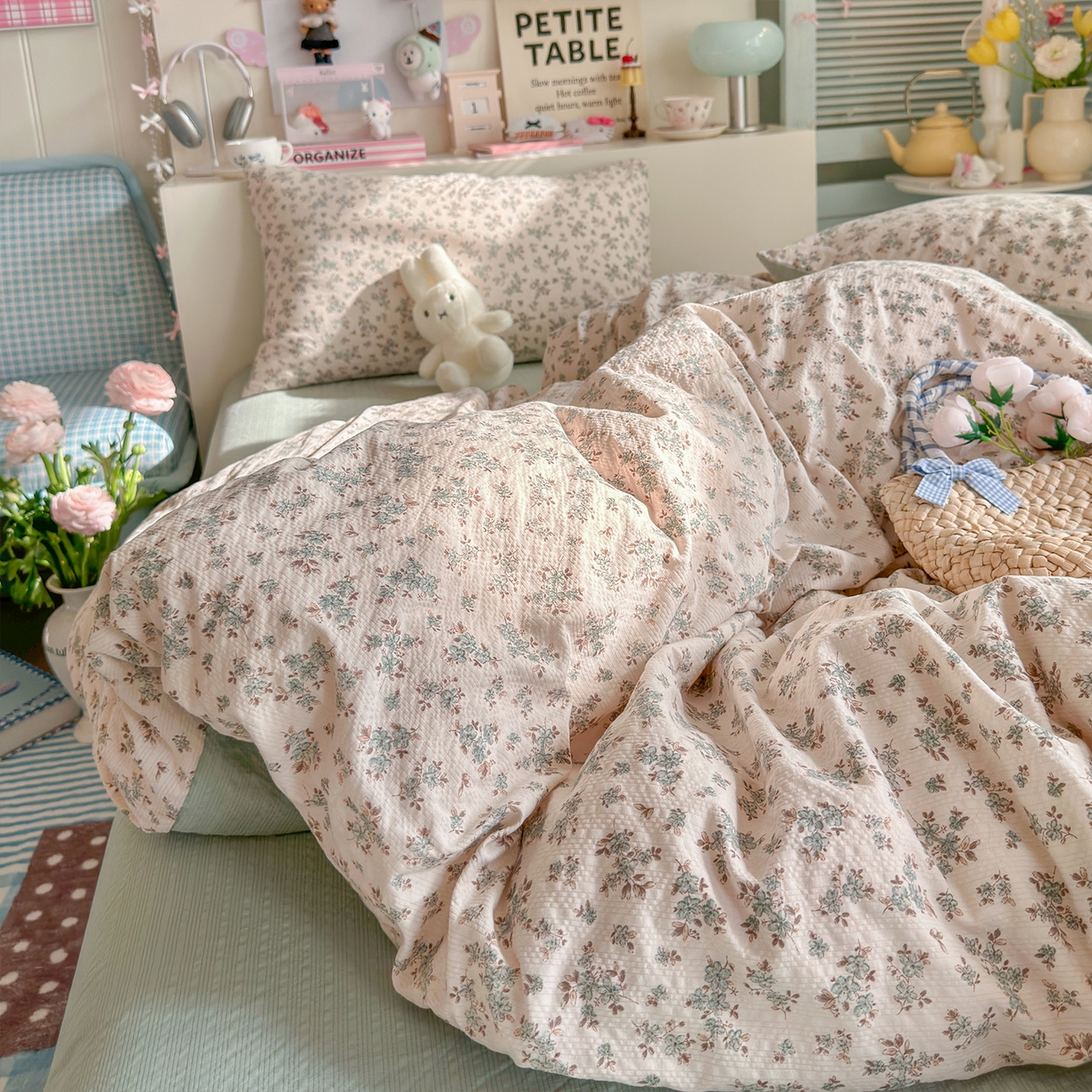 91家纺网 家纺一手货源 找家纺 铺尚美家纺 2026新款小清新110g高品质直播热卖款A类泡芙棉双层纱四件套 简夏