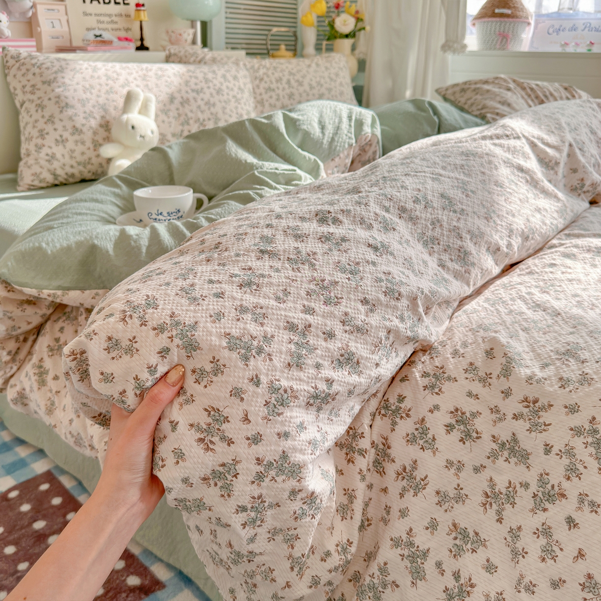 91家纺网 家纺一手货源 找家纺 铺尚美家纺 2026新款小清新110g高品质直播热卖款A类泡芙棉双层纱四件套 简夏