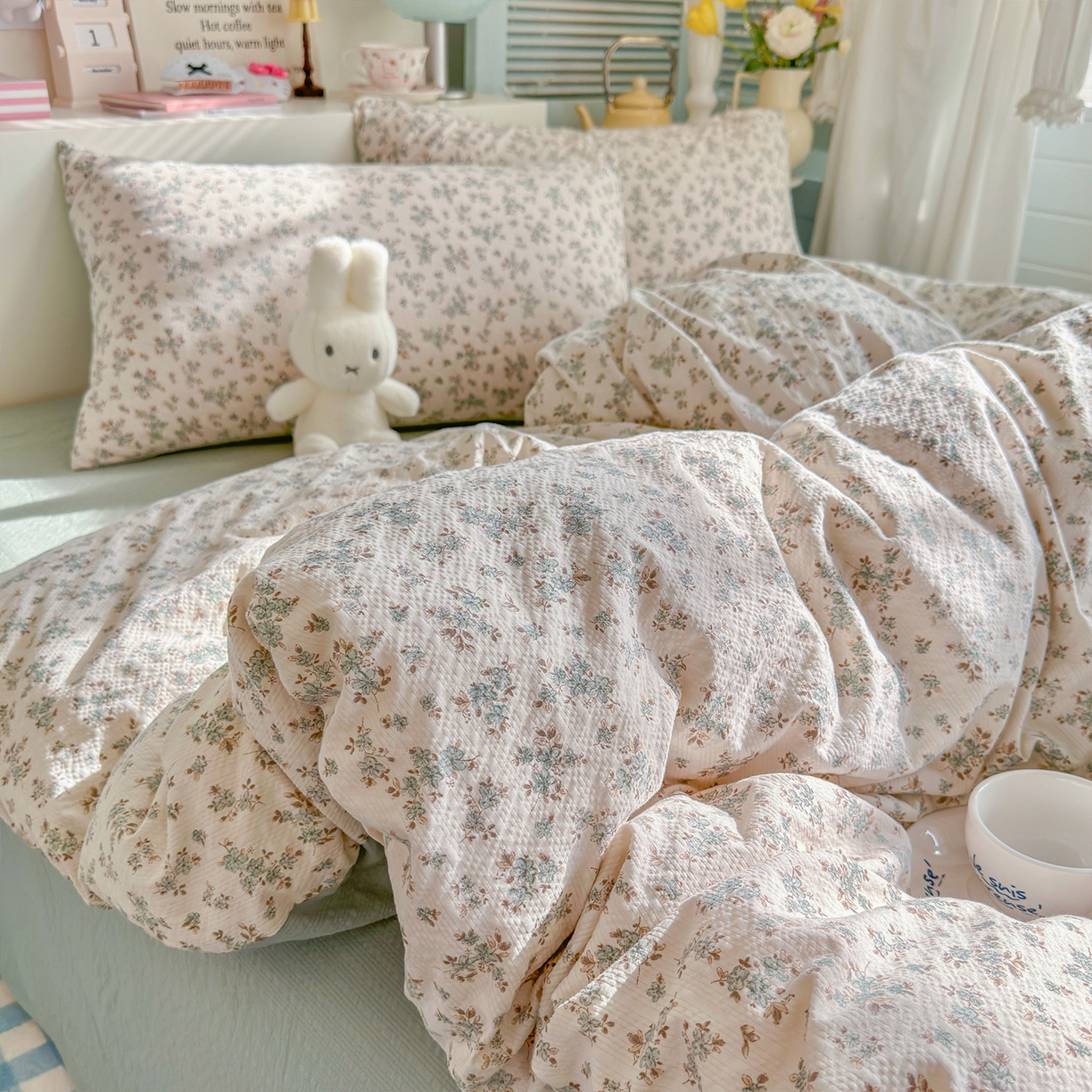 91家纺网 家纺一手货源 找家纺 铺尚美家纺 2026新款小清新110g高品质直播热卖款A类泡芙棉双层纱四件套 简夏