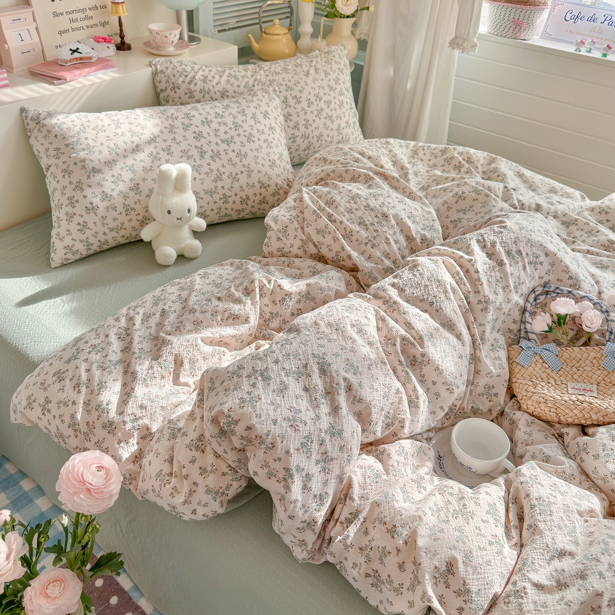 91家纺网 家纺一手货源 找家纺 铺尚美家纺 2026新款小清新110g高品质直播热卖款A类泡芙棉双层纱四件套 简夏