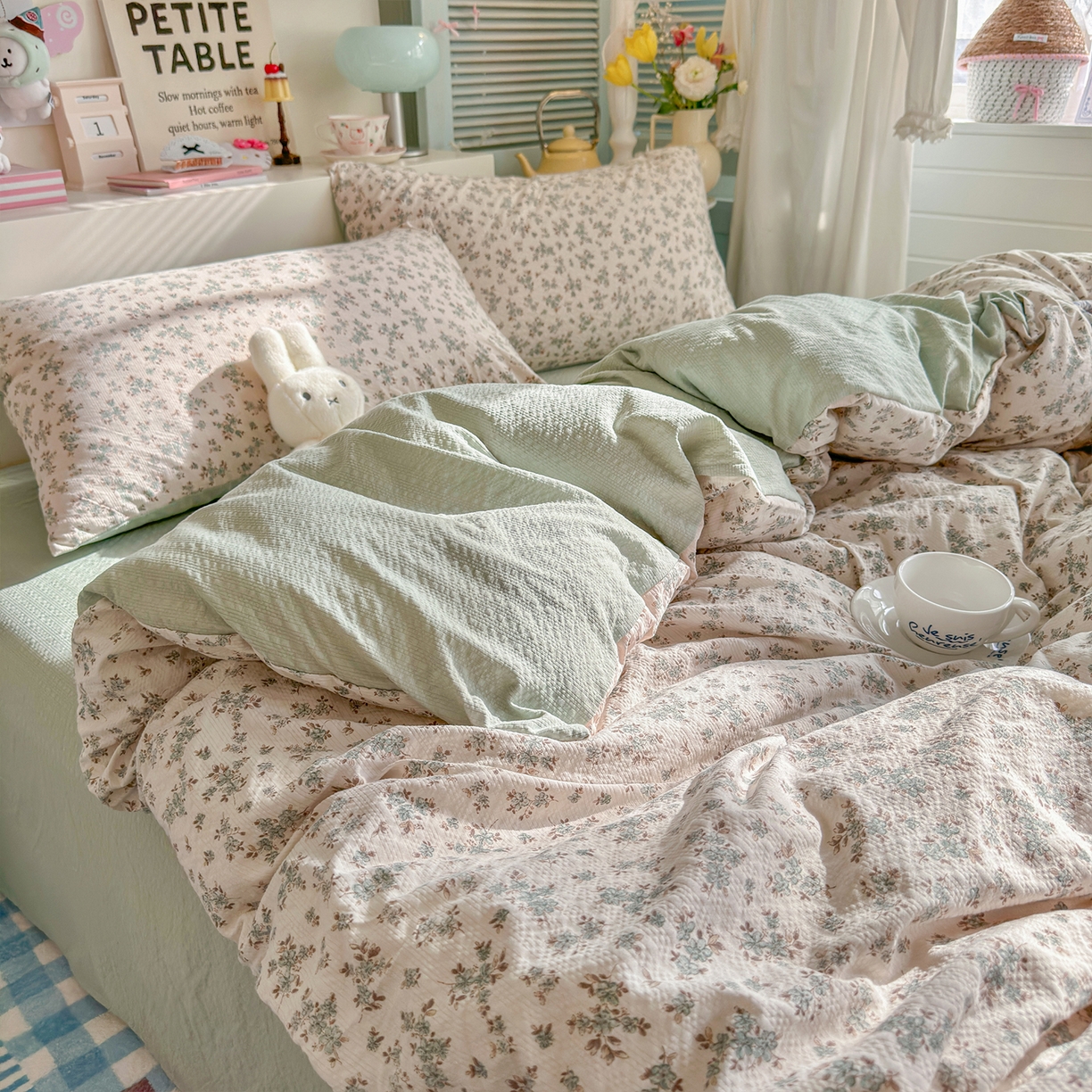 91家纺网 家纺一手货源 找家纺 铺尚美家纺 2026新款小清新110g高品质直播热卖款A类泡芙棉双层纱四件套 简夏