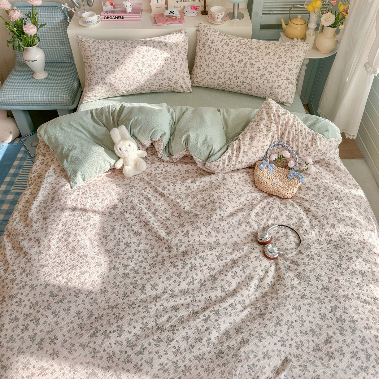 91家纺网 家纺一手货源 找家纺 铺尚美家纺 2026新款小清新110g高品质直播热卖款A类泡芙棉双层纱四件套 简夏