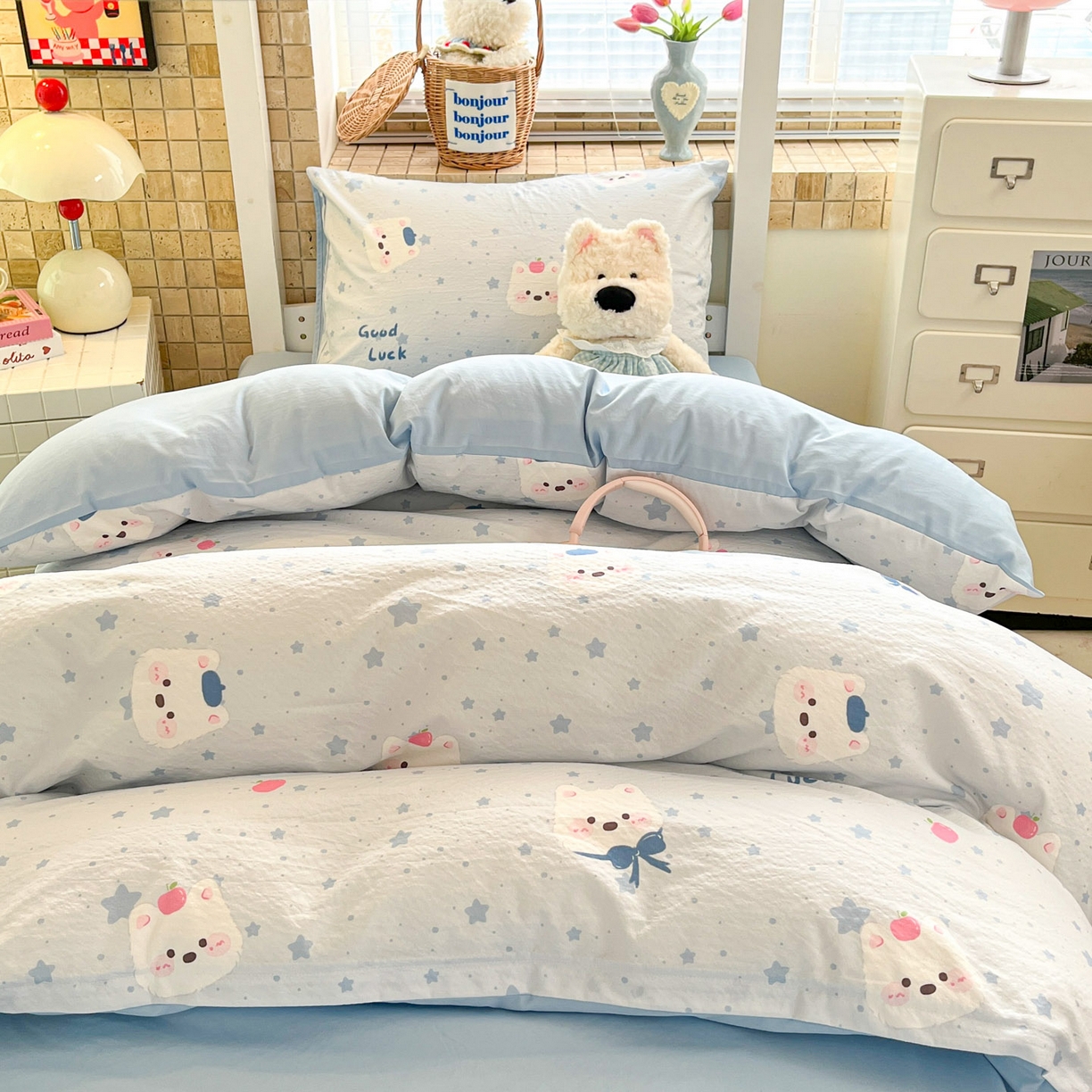 91家纺网 家纺一手货源 找家纺 （总）川悦生活 【提供买家秀】2026新款云感双层纱木棉学生床笠套件