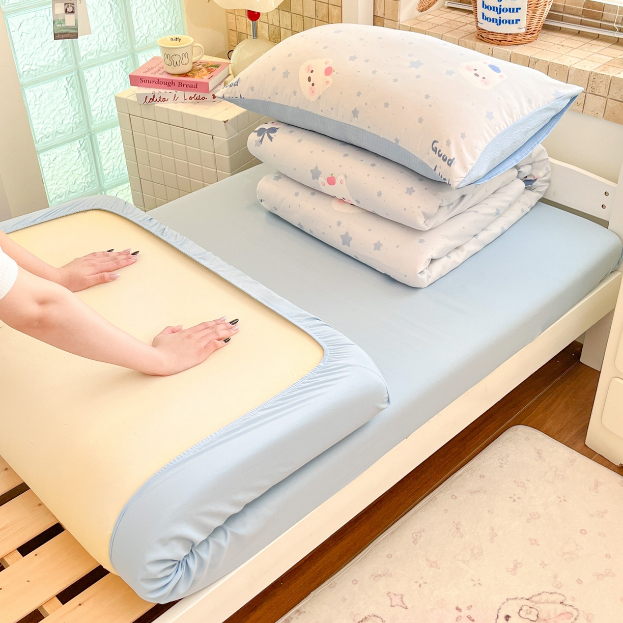 91家纺网 家纺一手货源 找家纺 （总）川悦生活 【提供买家秀】2026新款云感双层纱木棉学生床笠套件