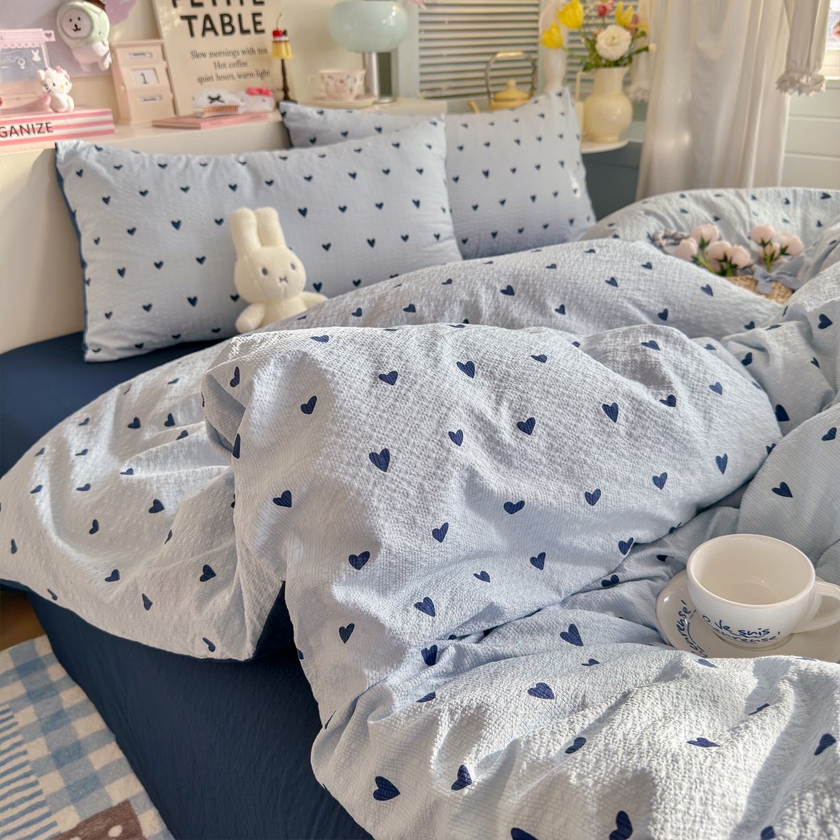 91家纺网 家纺一手货源 找家纺 铺尚美家纺 2026新款小清新110g高品质直播热卖款A类泡芙棉双层纱四件套 蓝调心心