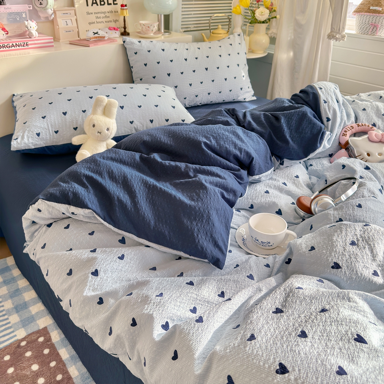 91家纺网 家纺一手货源 找家纺 铺尚美家纺 2026新款小清新110g高品质直播热卖款A类泡芙棉双层纱四件套 蓝调心心