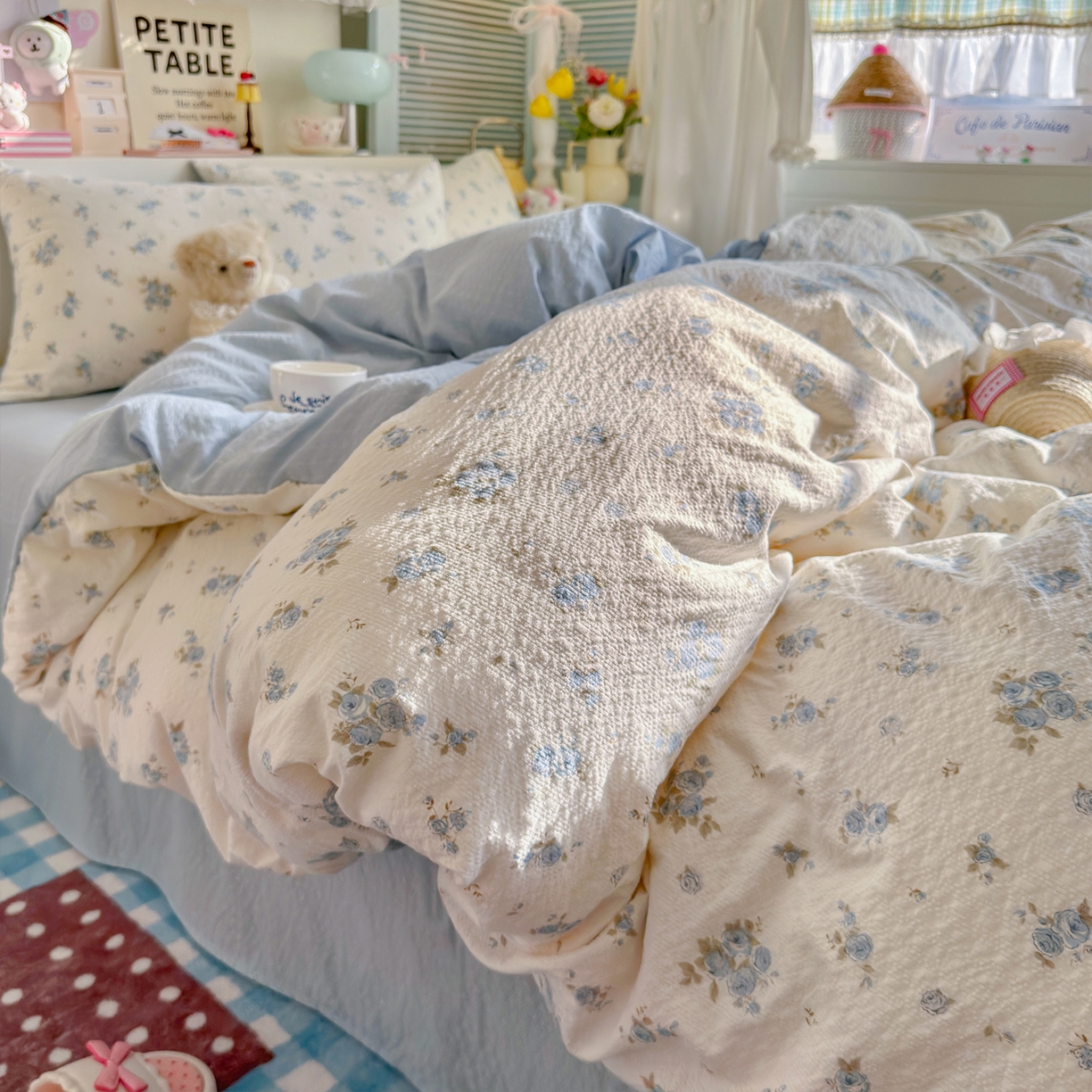 铺尚美家纺 2026新款小清新110g高品质直播热卖款A类泡芙棉双层纱四件套 蓝萱