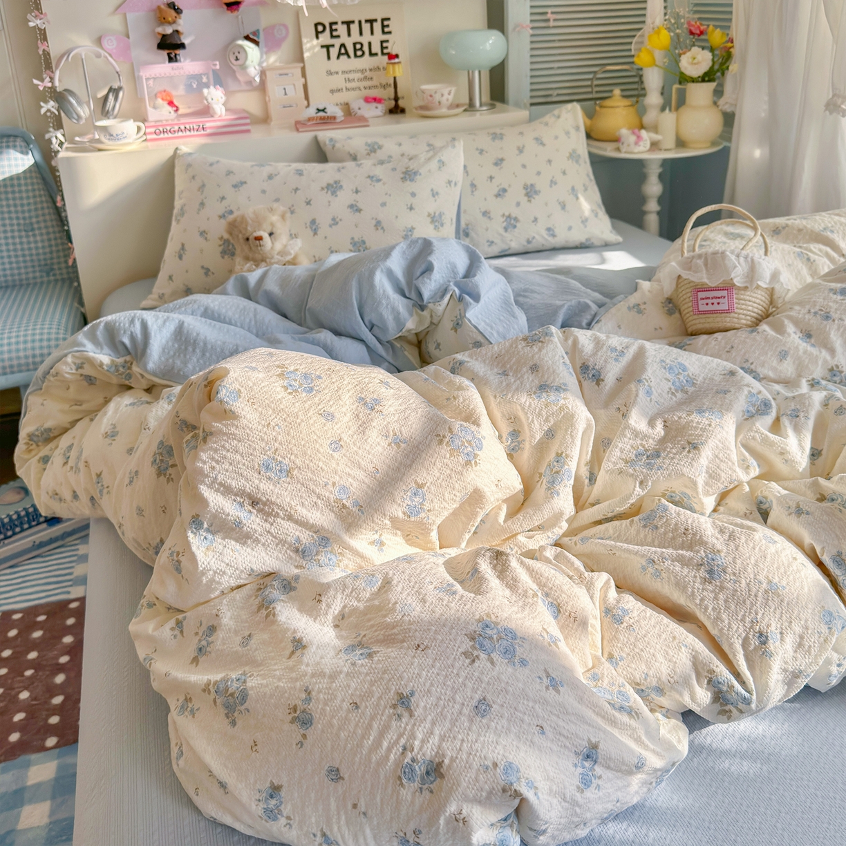 91家纺网 家纺一手货源 找家纺 铺尚美家纺 2026新款小清新110g高品质直播热卖款A类泡芙棉双层纱四件套 蓝萱