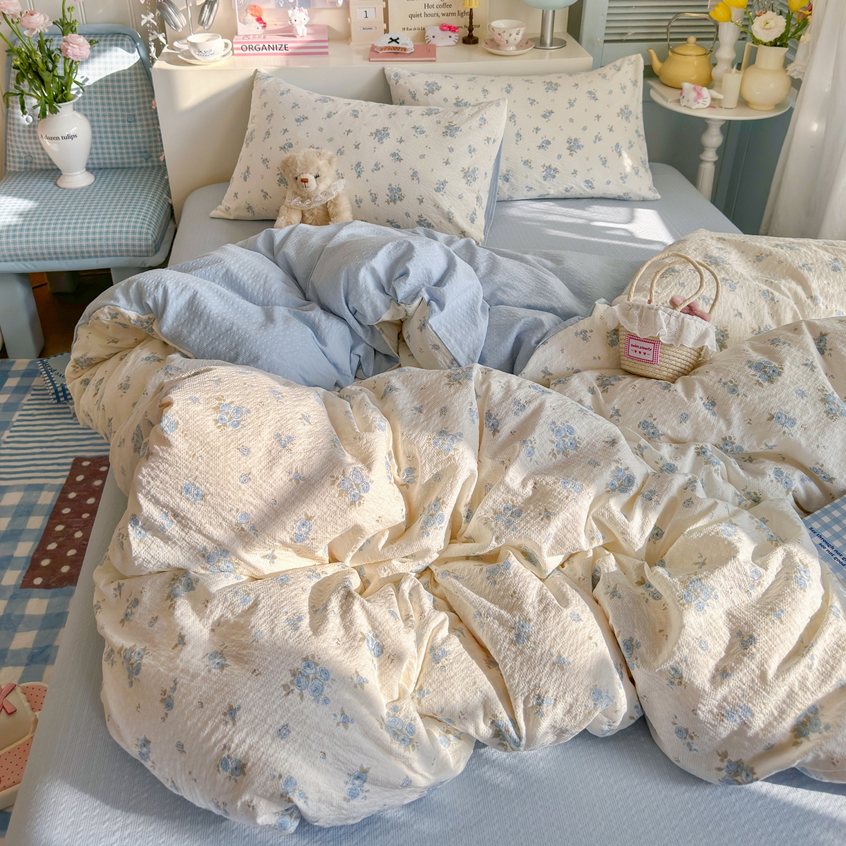 91家纺网 家纺一手货源 找家纺 铺尚美家纺 2026新款小清新110g高品质直播热卖款A类泡芙棉双层纱四件套 蓝萱