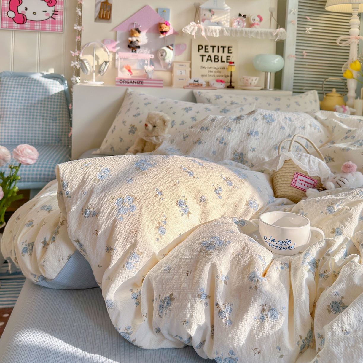 91家纺网 家纺一手货源 找家纺 铺尚美家纺 2026新款小清新110g高品质直播热卖款A类泡芙棉双层纱四件套 蓝萱