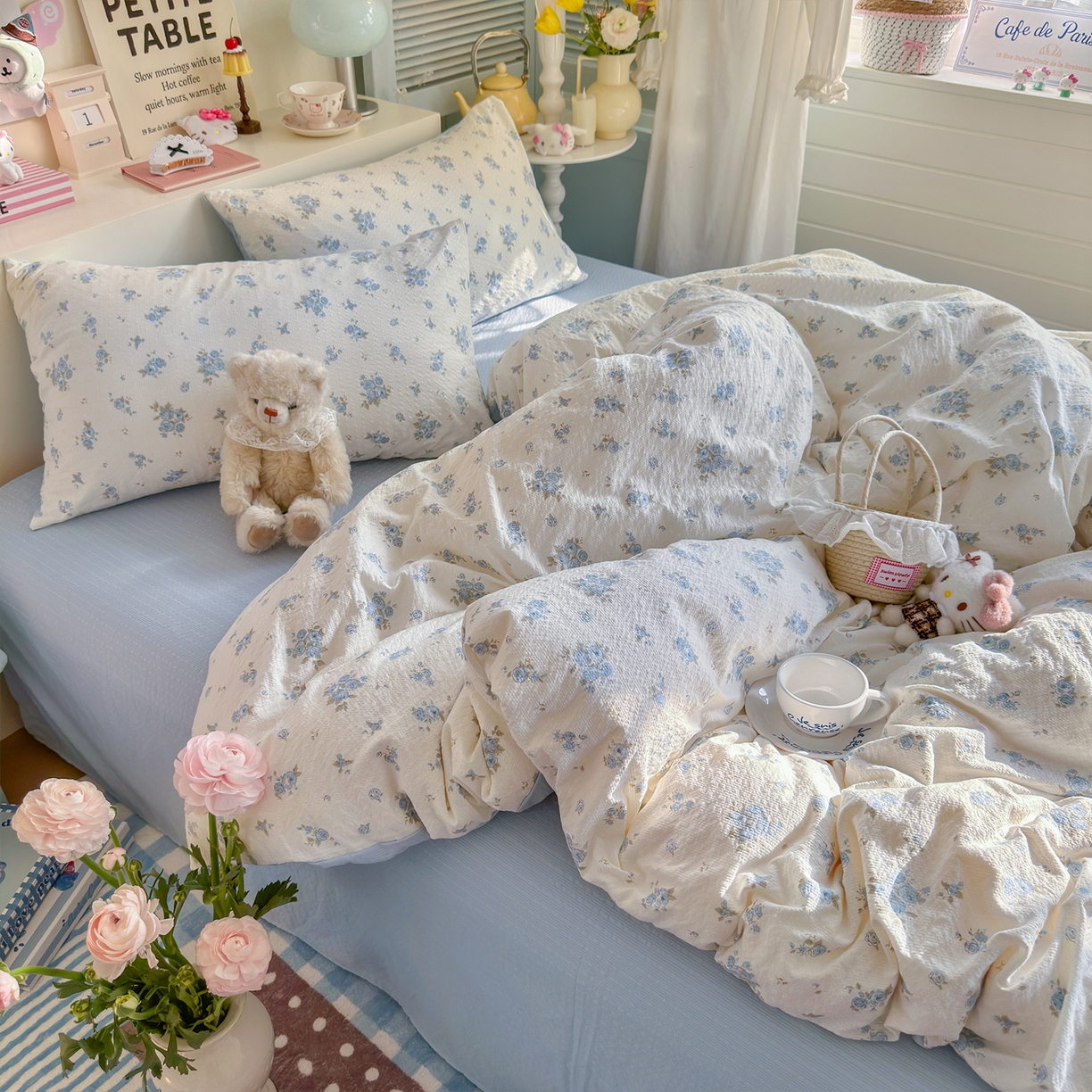 91家纺网 家纺一手货源 找家纺 铺尚美家纺 2026新款小清新110g高品质直播热卖款A类泡芙棉双层纱四件套 蓝萱