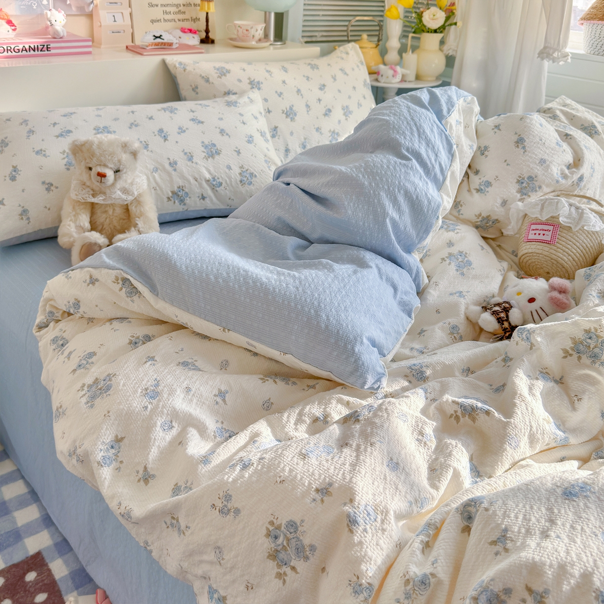 91家纺网 家纺一手货源 找家纺 铺尚美家纺 2026新款小清新110g高品质直播热卖款A类泡芙棉双层纱四件套 蓝萱