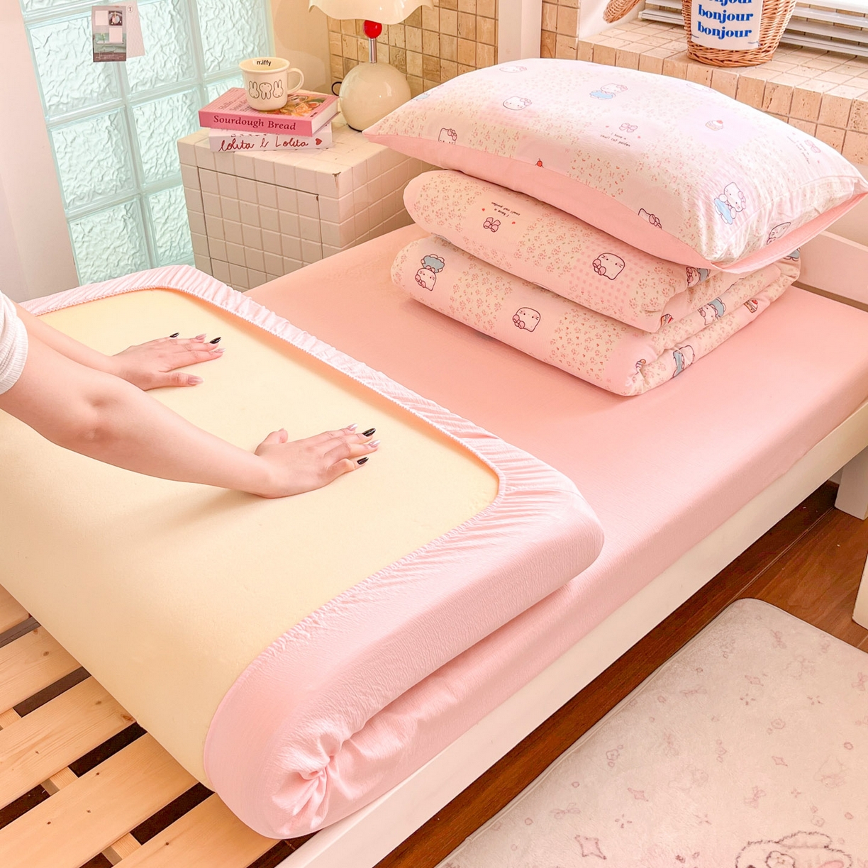 91家纺网 家纺一手货源 找家纺 （总）川悦生活 【提供买家秀】2026新款云感双层纱木棉学生床笠套件