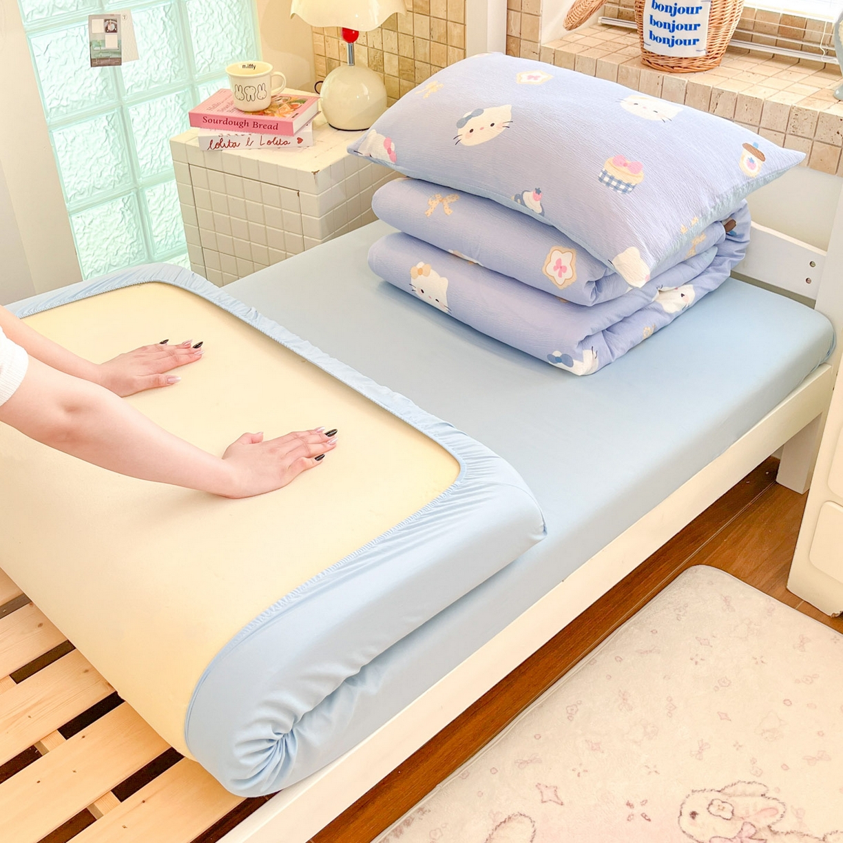 91家纺网 家纺一手货源 找家纺 （总）川悦生活 【提供买家秀】2026新款云感双层纱木棉学生床笠套件