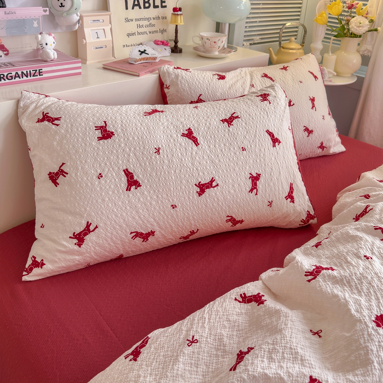 91家纺网 家纺一手货源 找家纺 铺尚美家纺 2026新款小清新110g高品质直播热卖款A类泡芙棉双层纱四件套 马上有钱