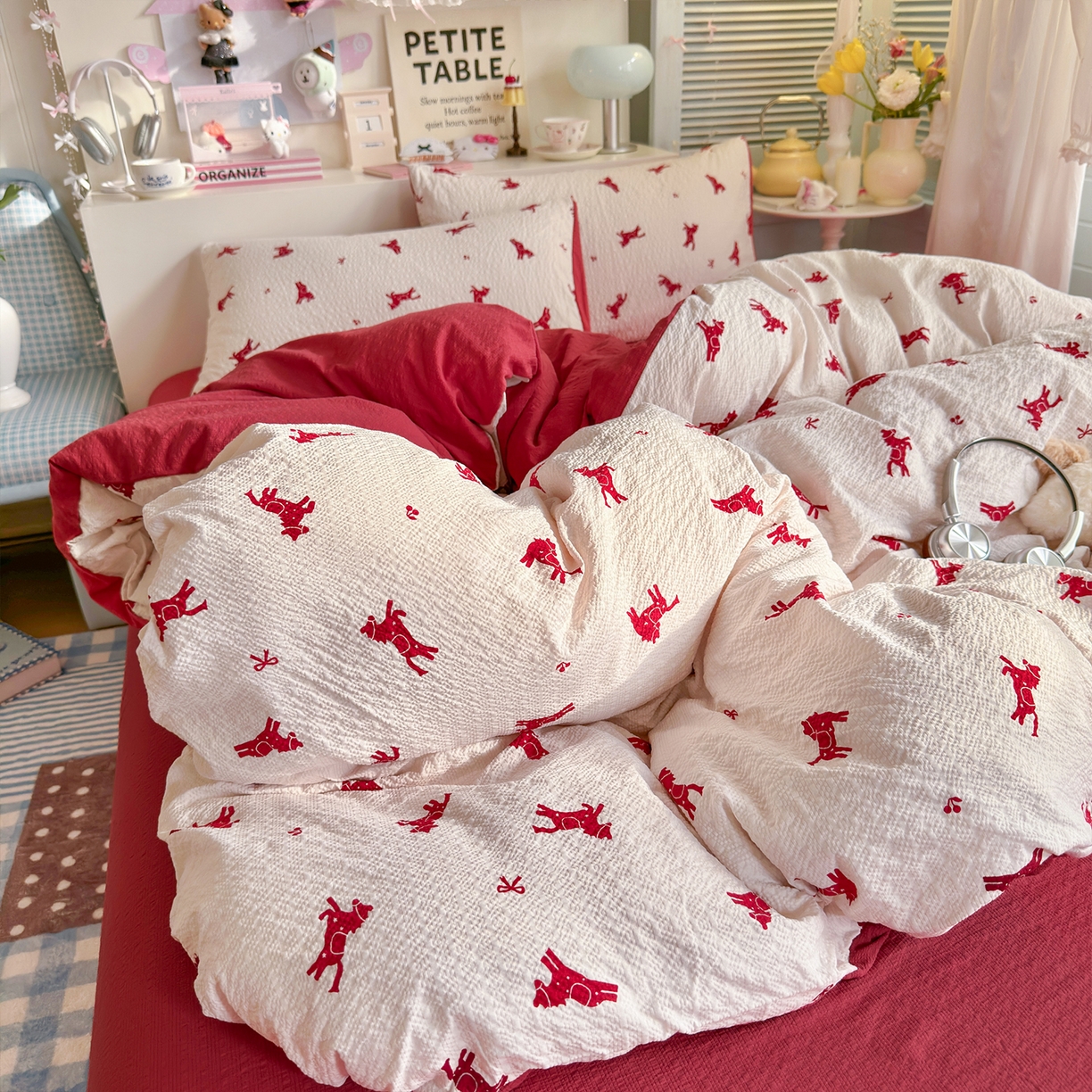 91家纺网 家纺一手货源 找家纺 铺尚美家纺 2026新款小清新110g高品质直播热卖款A类泡芙棉双层纱四件套 马上有钱