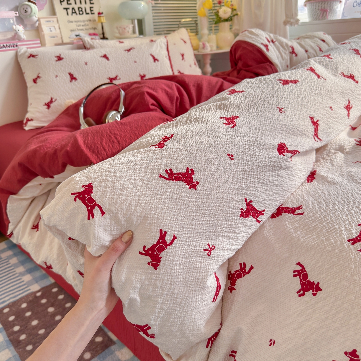 91家纺网 家纺一手货源 找家纺 铺尚美家纺 2026新款小清新110g高品质直播热卖款A类泡芙棉双层纱四件套 马上有钱