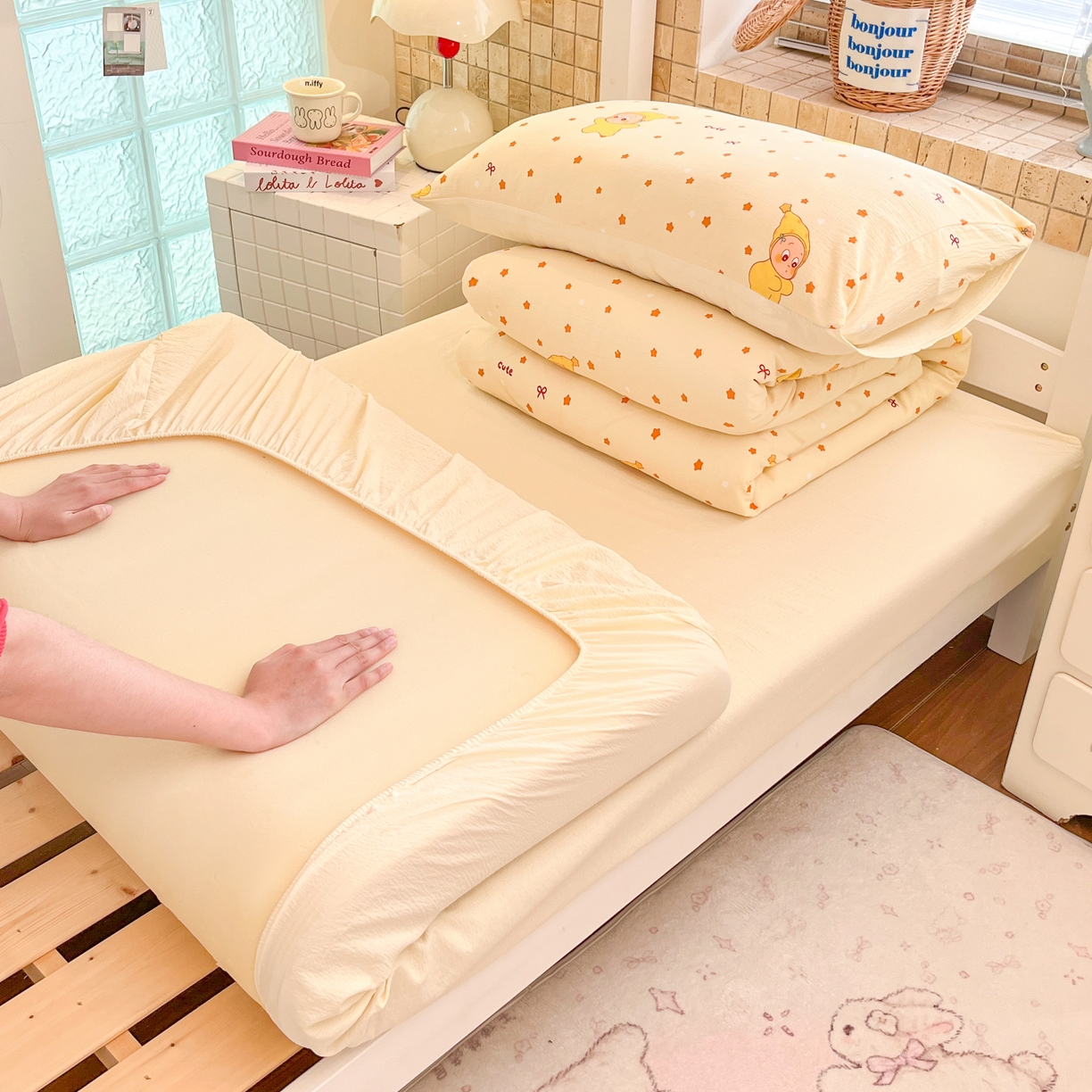 91家纺网 家纺一手货源 找家纺 （总）川悦生活 【提供买家秀】2026新款云感双层纱木棉学生床笠套件