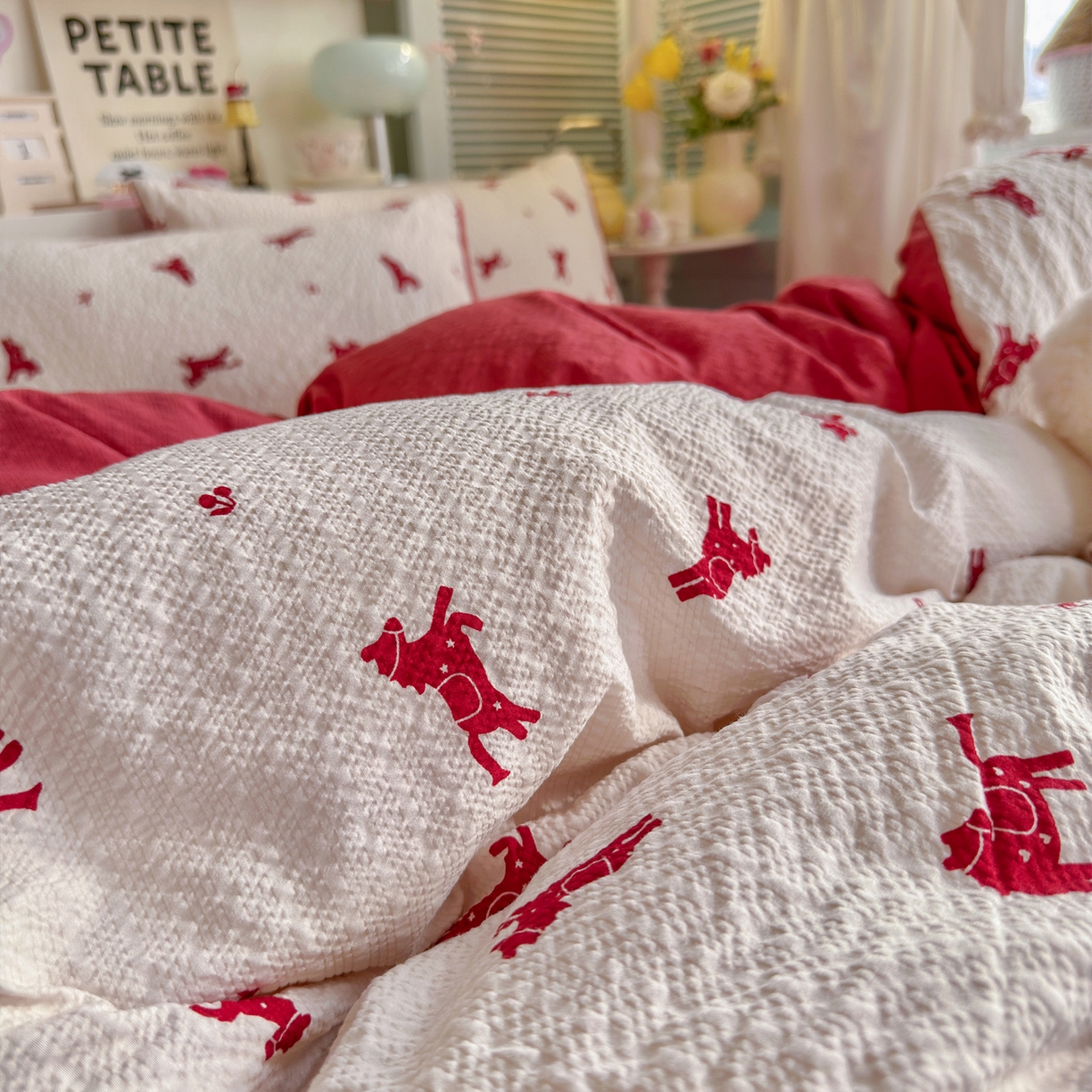 91家纺网 家纺一手货源 找家纺 铺尚美家纺 2026新款小清新110g高品质直播热卖款A类泡芙棉双层纱四件套 马上有钱