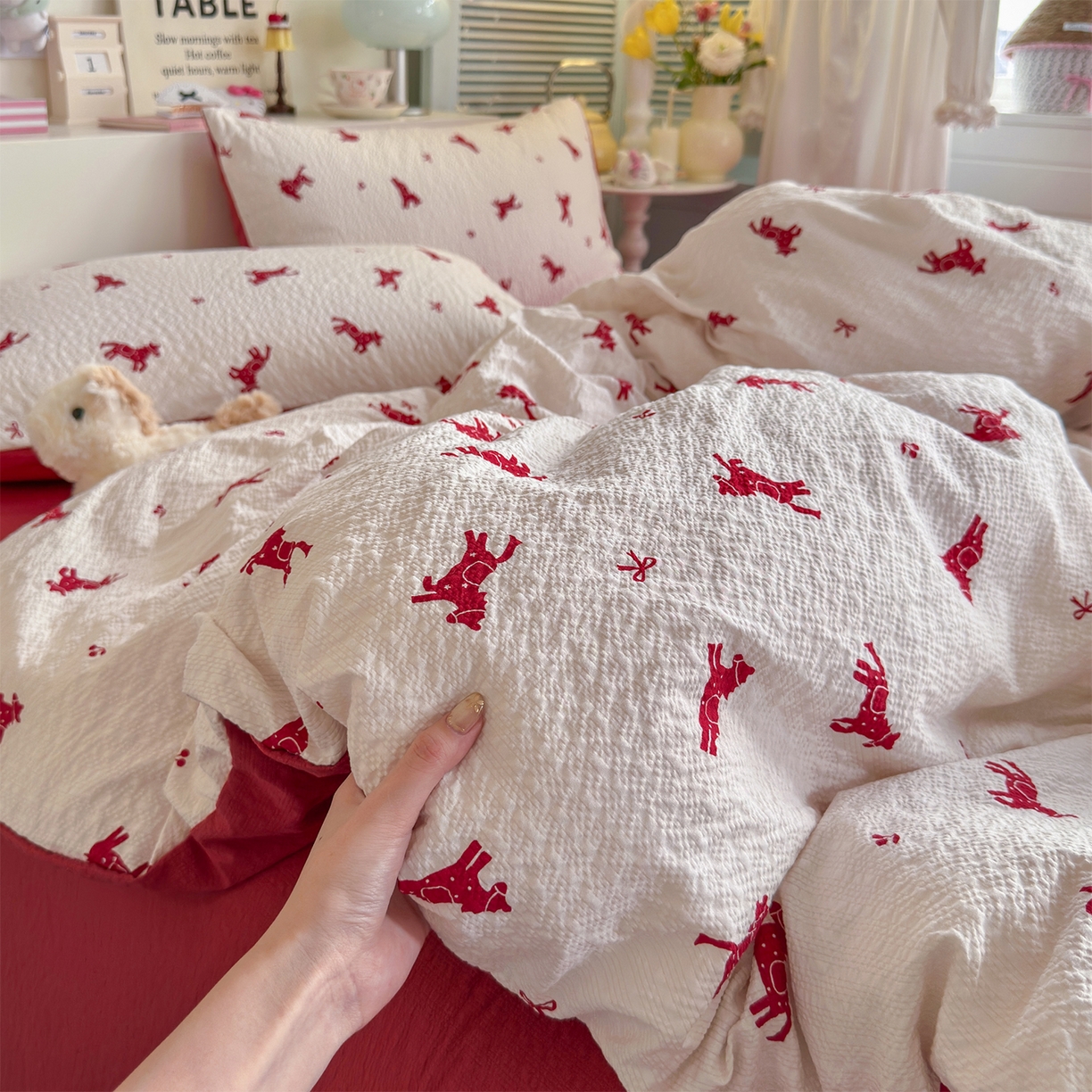 91家纺网 家纺一手货源 找家纺 铺尚美家纺 2026新款小清新110g高品质直播热卖款A类泡芙棉双层纱四件套 马上有钱