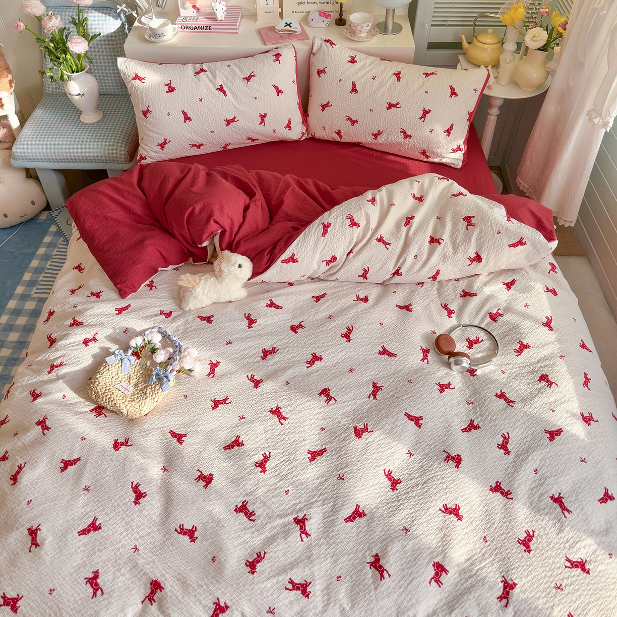 91家纺网 家纺一手货源 找家纺 铺尚美家纺 2026新款小清新110g高品质直播热卖款A类泡芙棉双层纱四件套 马上有钱