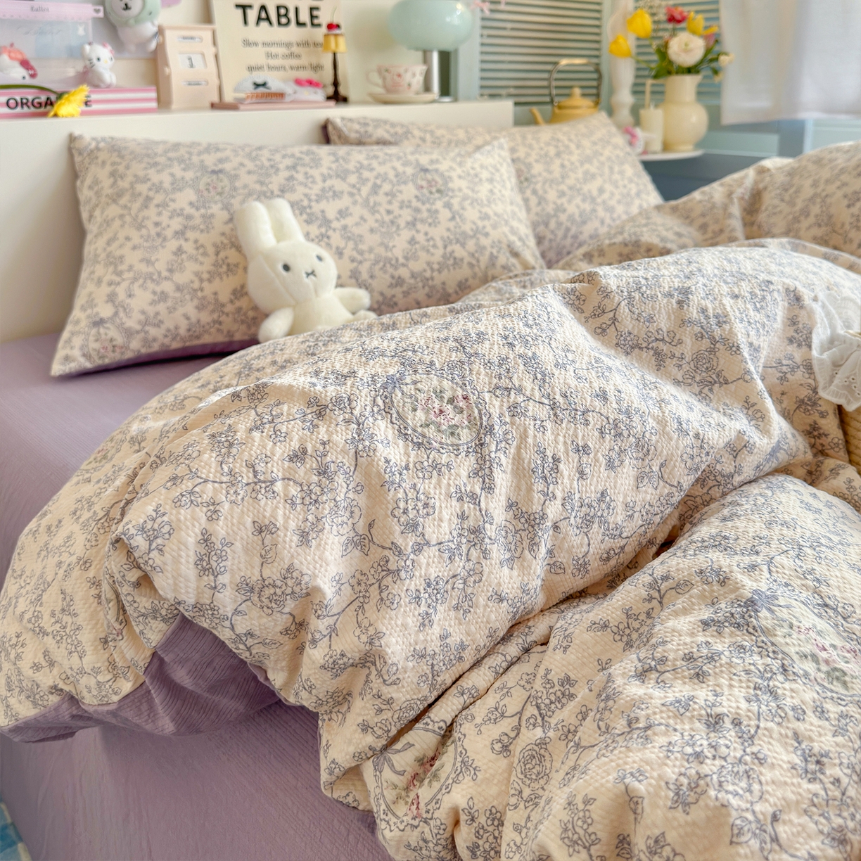 91家纺网 家纺一手货源 找家纺 铺尚美家纺 2026新款小清新110g高品质直播热卖款A类泡芙棉双层纱四件套 曼塔庄园