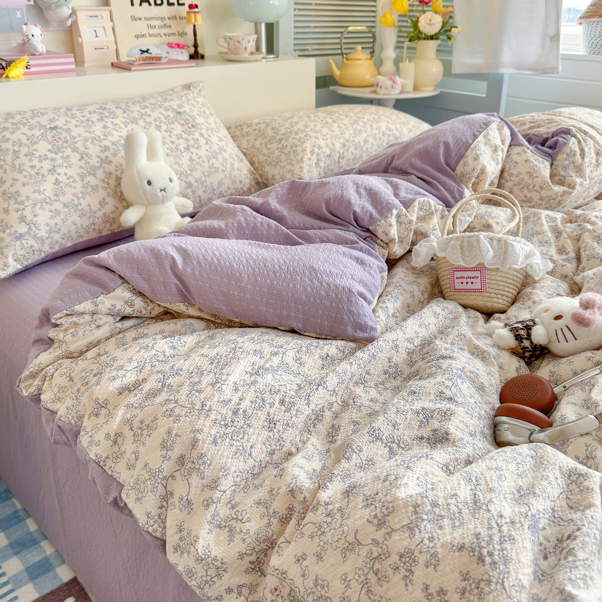 91家纺网 家纺一手货源 找家纺 铺尚美家纺 2026新款小清新110g高品质直播热卖款A类泡芙棉双层纱四件套 曼塔庄园