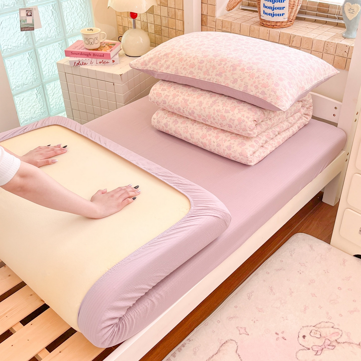 91家纺网 家纺一手货源 找家纺 （总）川悦生活 【提供买家秀】2026新款云感双层纱木棉学生床笠套件