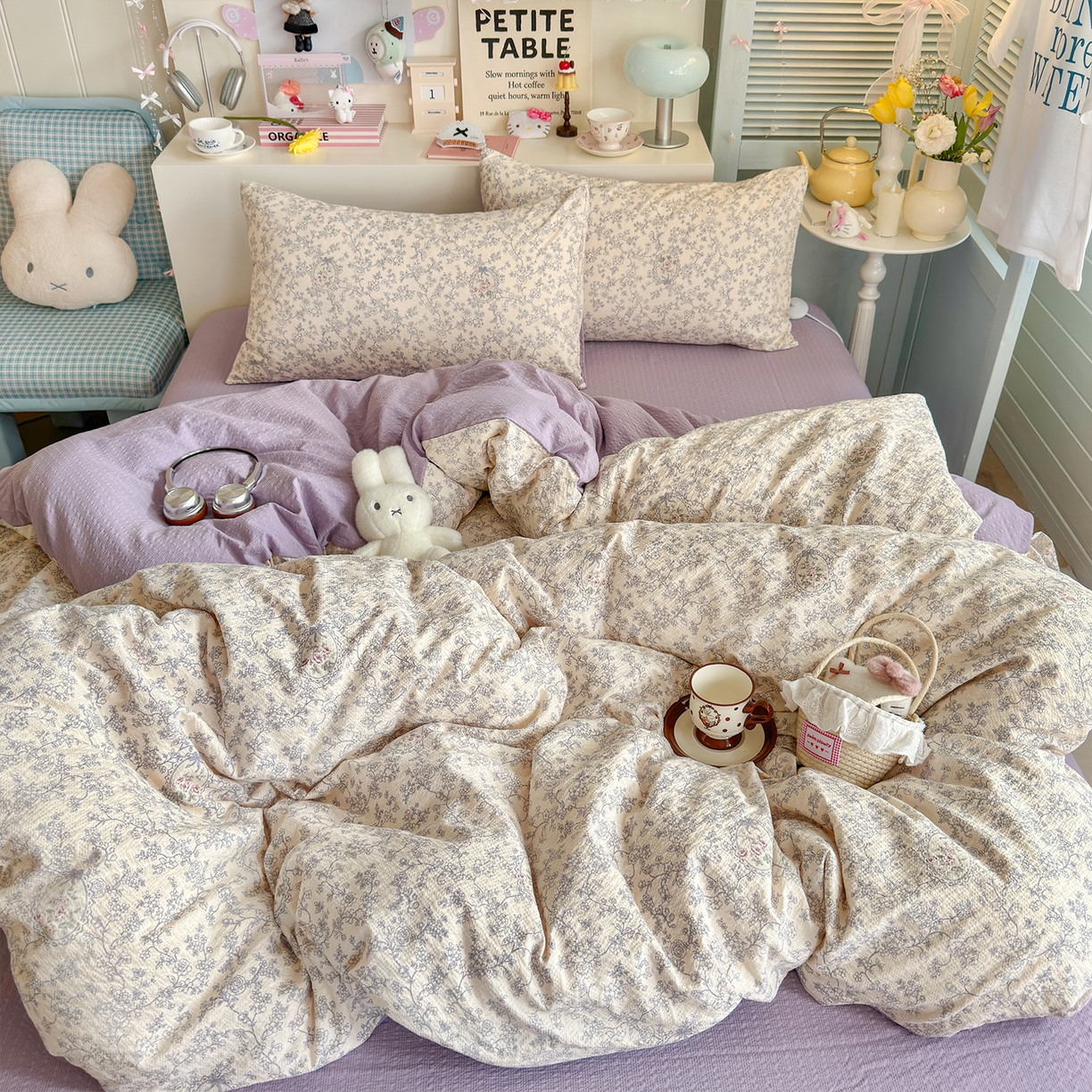 91家纺网 家纺一手货源 找家纺 铺尚美家纺 2026新款小清新110g高品质直播热卖款A类泡芙棉双层纱四件套 曼塔庄园