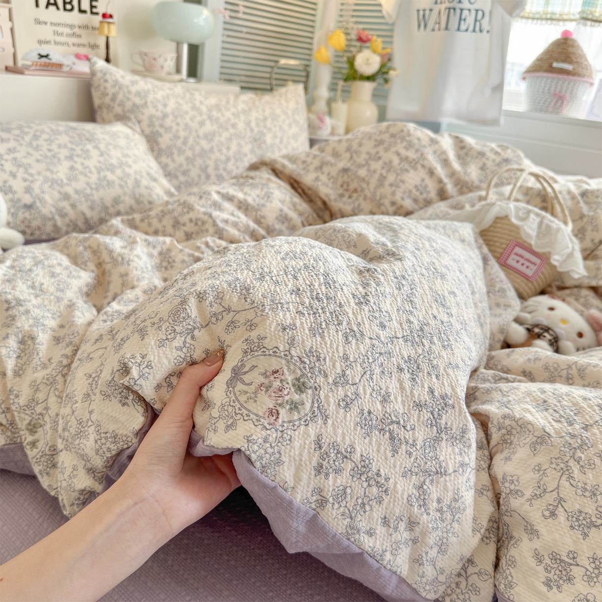 91家纺网 家纺一手货源 找家纺 铺尚美家纺 2026新款小清新110g高品质直播热卖款A类泡芙棉双层纱四件套 曼塔庄园