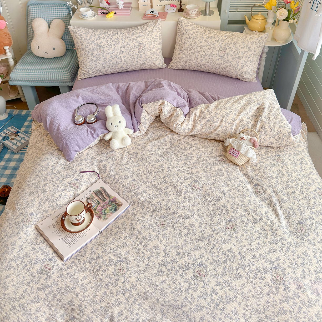 91家纺网 家纺一手货源 找家纺 铺尚美家纺 2026新款小清新110g高品质直播热卖款A类泡芙棉双层纱四件套 曼塔庄园