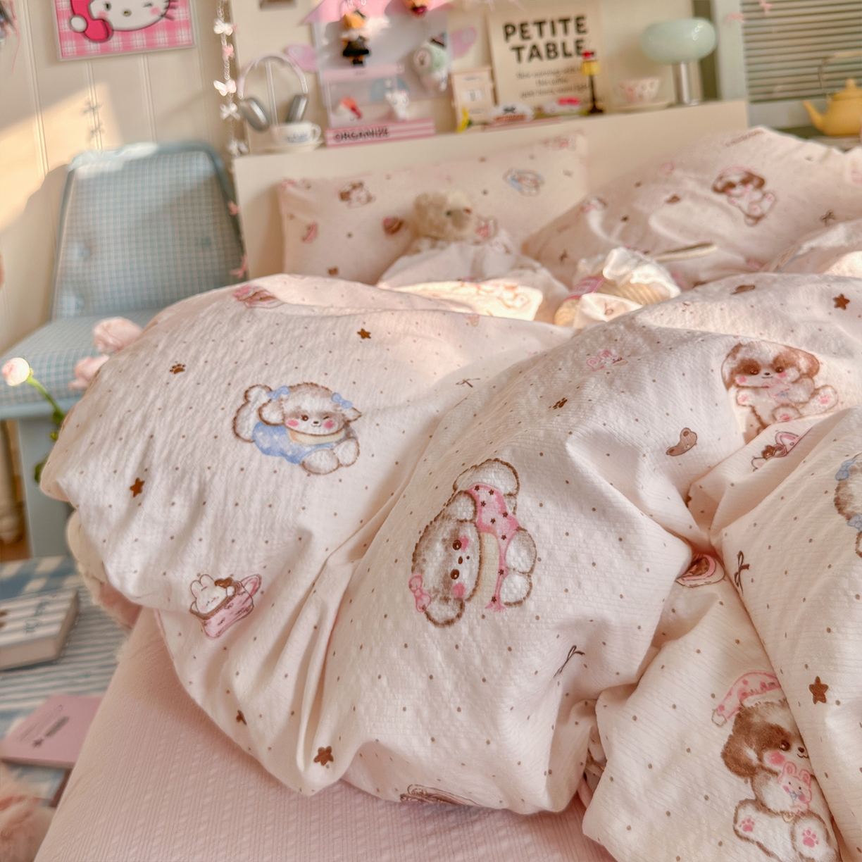 91家纺网 家纺一手货源 找家纺 铺尚美家纺 2026新款小清新110g高品质直播热卖款A类泡芙棉双层纱四件套 萌萌狗