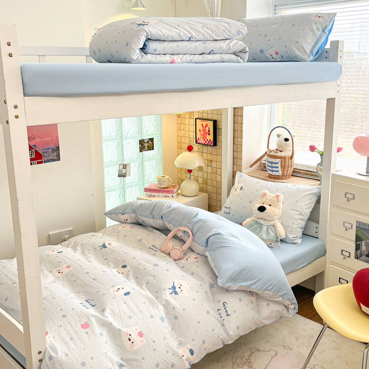 91家纺网 家纺一手货源 找家纺 川悦生活 【提供买家秀】2026新款云感双层纱木棉学生床笠套件 星星西高地