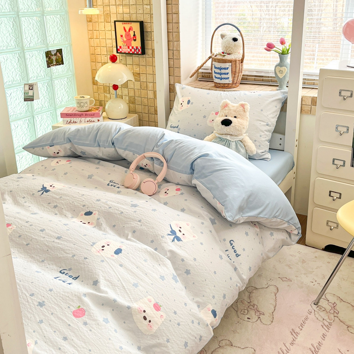 91家纺网 家纺一手货源 找家纺 川悦生活 【提供买家秀】2026新款云感双层纱木棉学生床笠套件 星星西高地