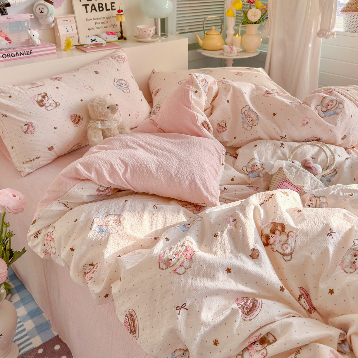 91家纺网 家纺一手货源 找家纺 铺尚美家纺 2026新款小清新110g高品质直播热卖款A类泡芙棉双层纱四件套 萌萌狗