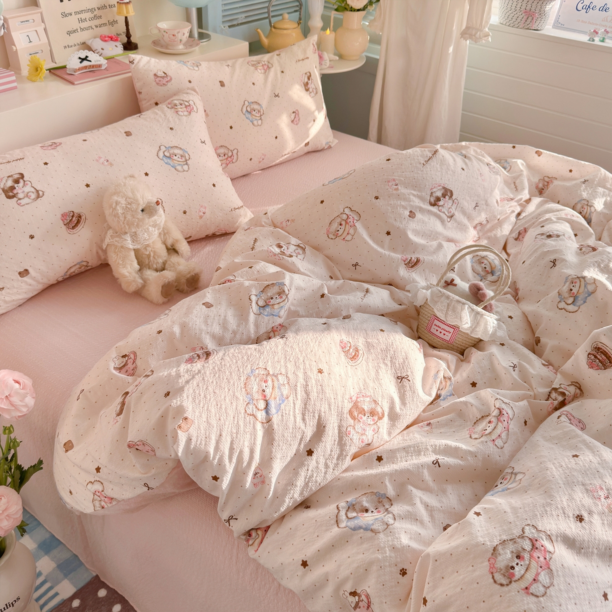 91家纺网 家纺一手货源 找家纺 铺尚美家纺 2026新款小清新110g高品质直播热卖款A类泡芙棉双层纱四件套 萌萌狗