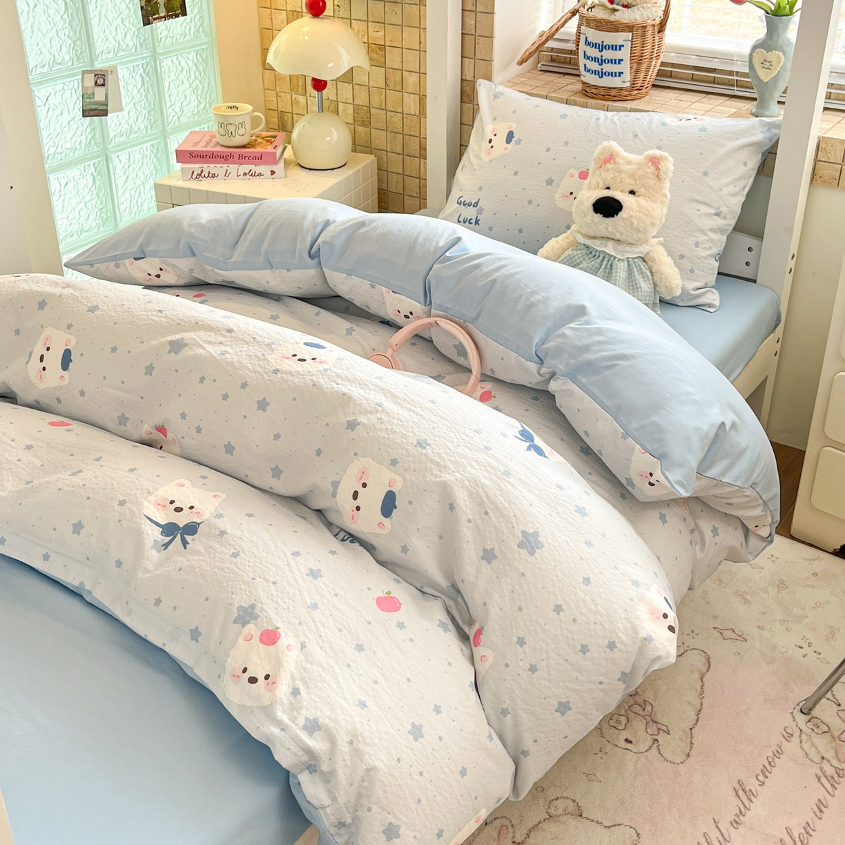 91家纺网 家纺一手货源 找家纺 川悦生活 【提供买家秀】2026新款云感双层纱木棉学生床笠套件 星星西高地