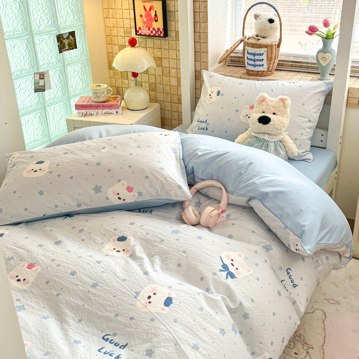 91家纺网 家纺一手货源 找家纺 川悦生活 【提供买家秀】2026新款云感双层纱木棉学生床笠套件 星星西高地