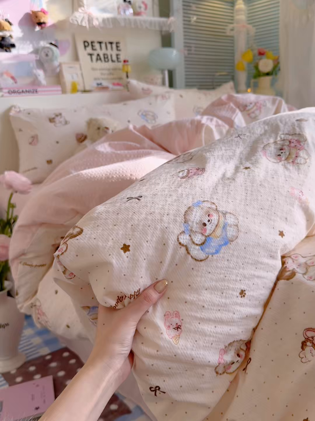 91家纺网 家纺一手货源 找家纺 铺尚美家纺 2026新款小清新110g高品质直播热卖款A类泡芙棉双层纱四件套 萌萌狗