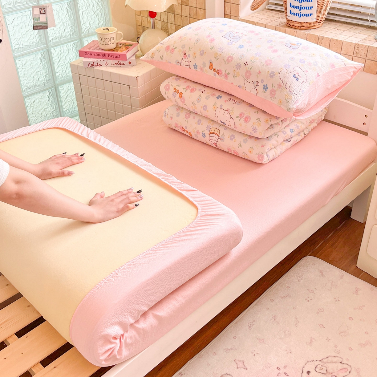 川悦生活 【提供买家秀】2026新款云感双层纱木棉学生床笠套件 嘟嘟花园